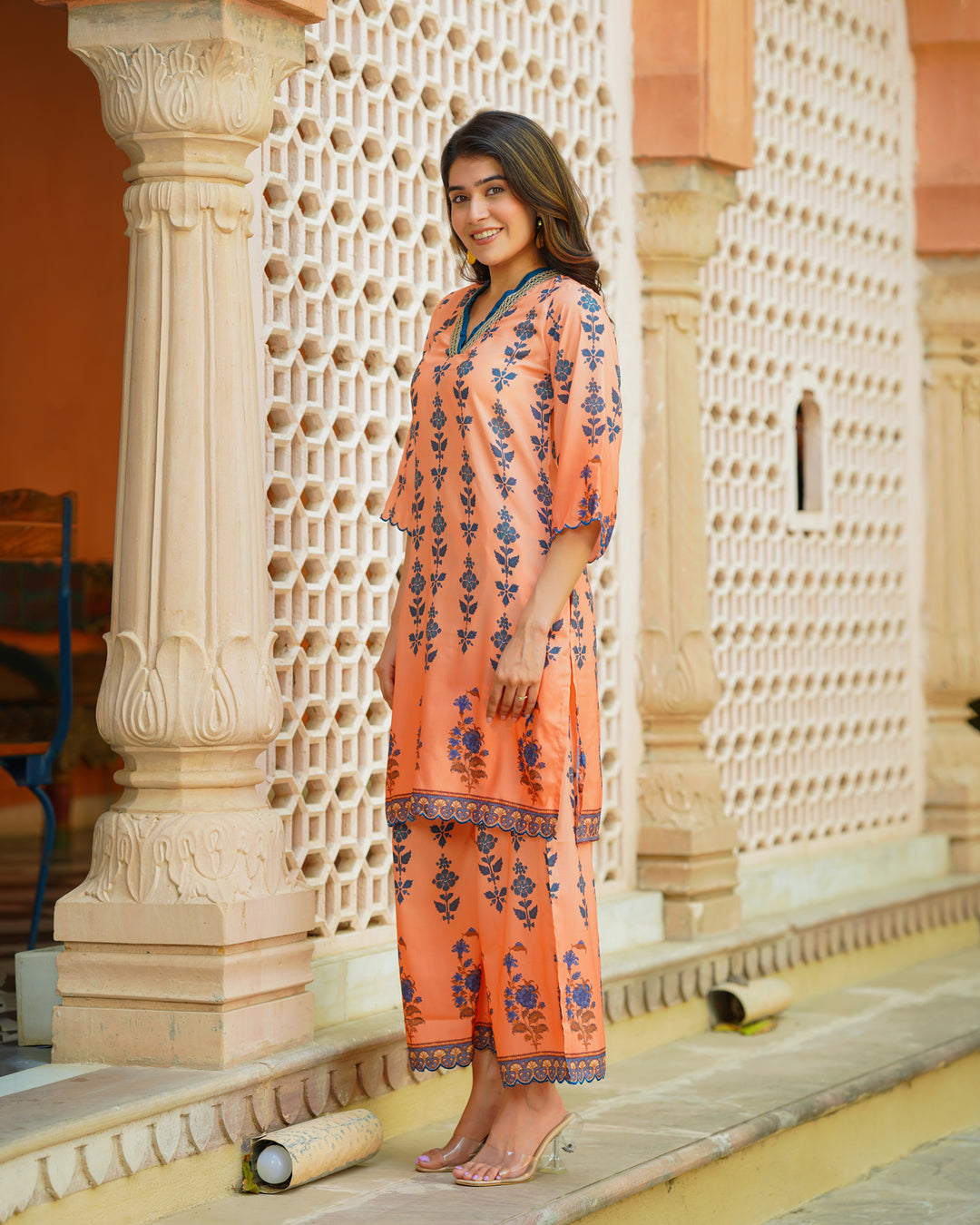 Peach Floral Muslin Kurta Set