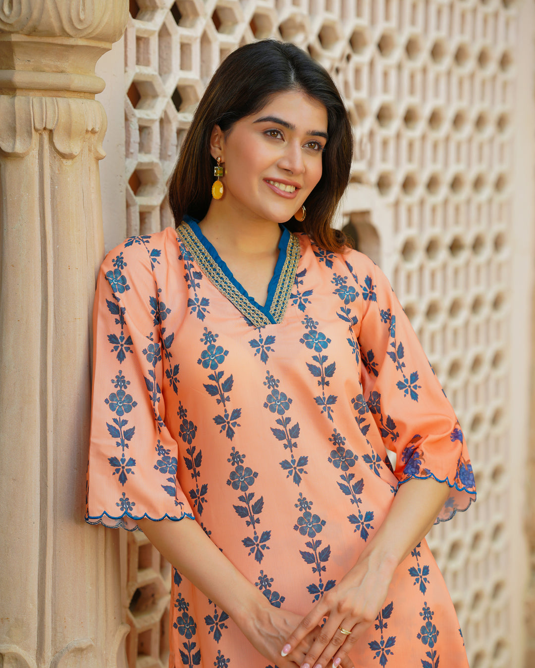 Peach Floral Muslin Kurta Set