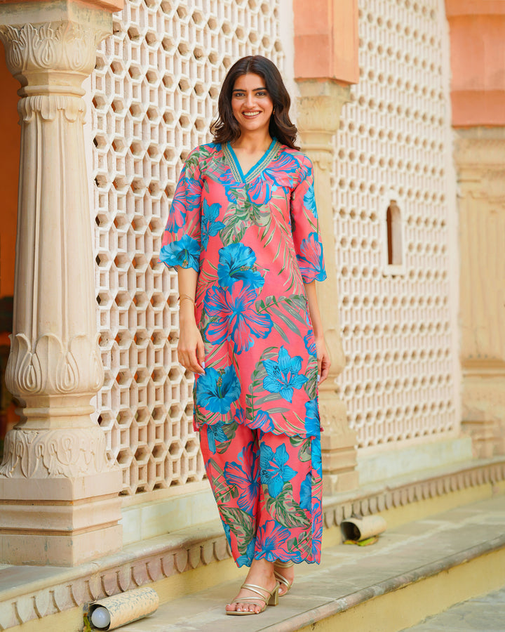 Pink Tropical Kurta Set