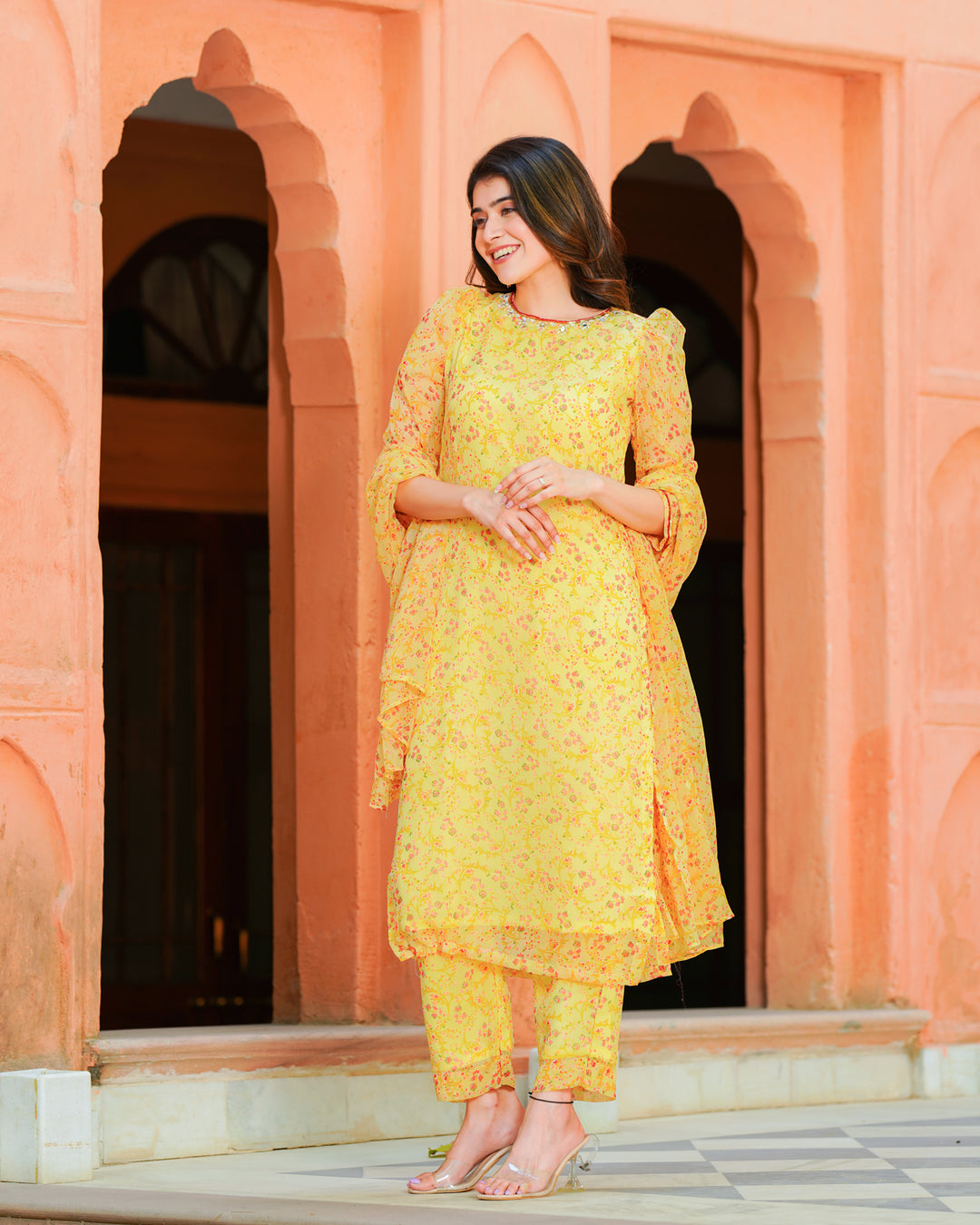 YELLOW PRINTED CHIFFON SUIT SET