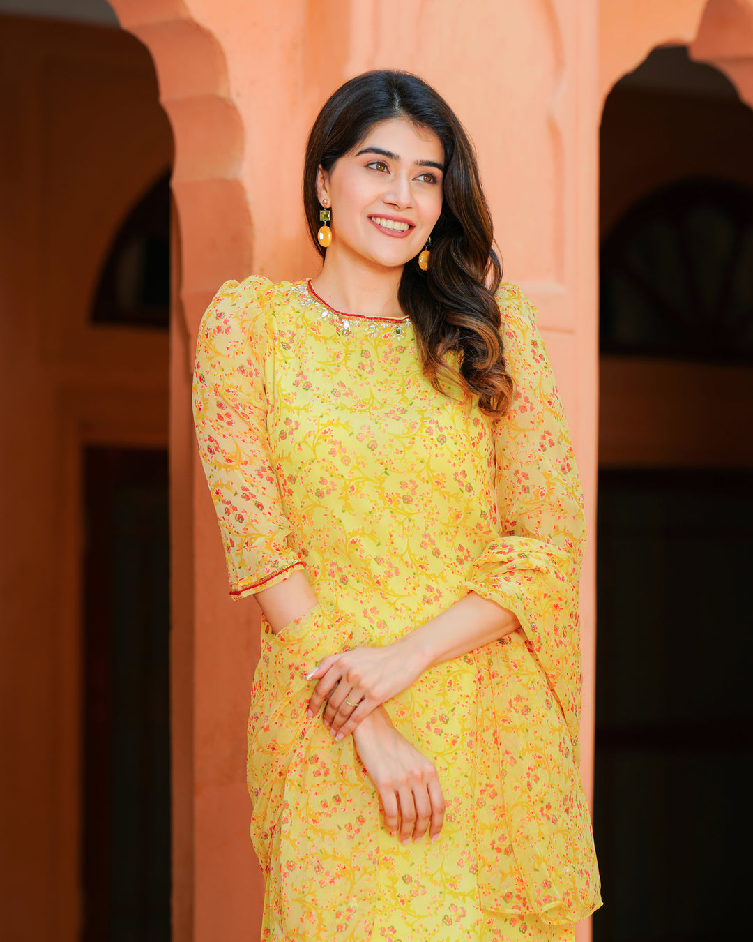 YELLOW PRINTED CHIFFON SUIT SET
