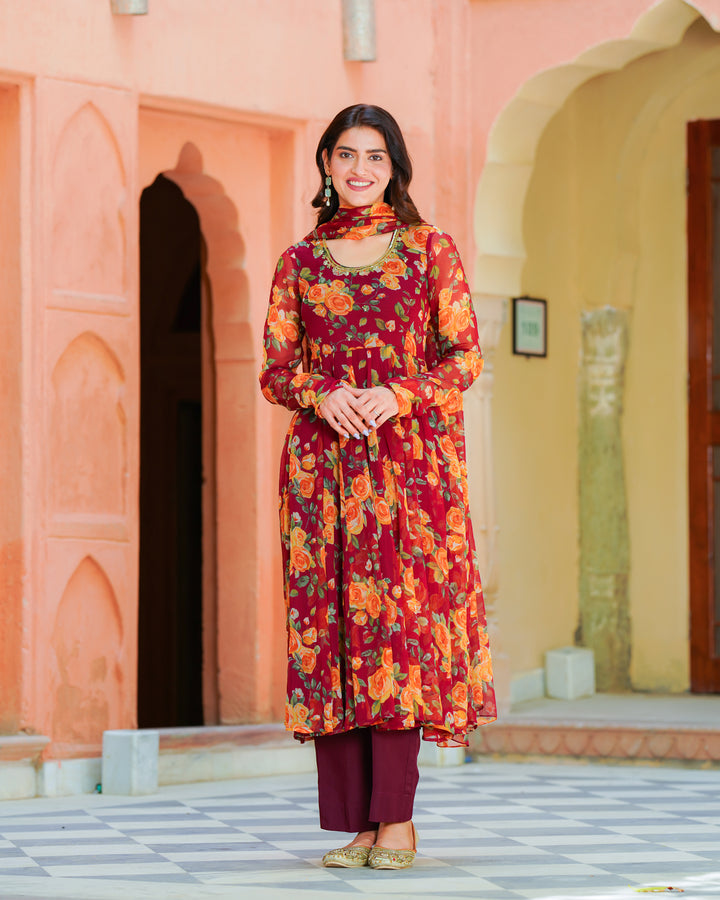 Maroon Printed Chiffon Suit Set