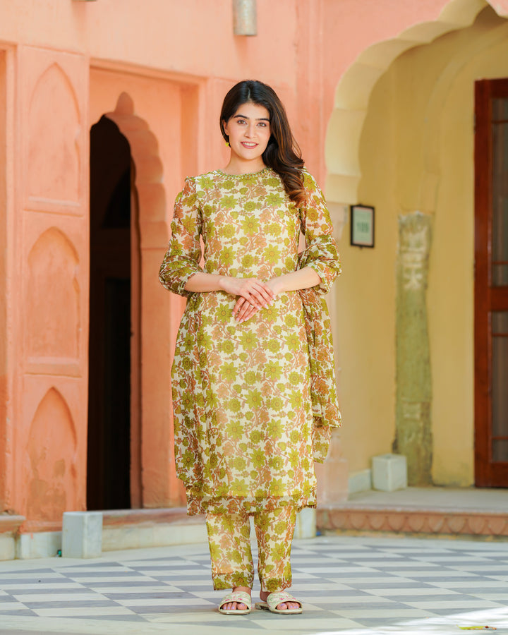 Floral Chiffon Off White Suit Set