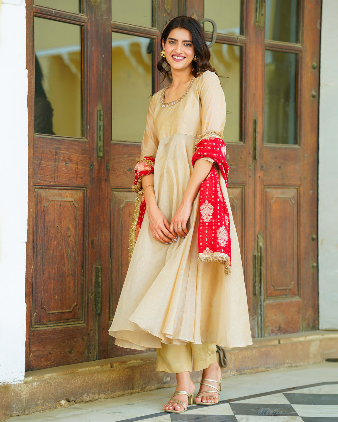Hazel Beige Chanderi Suit Set