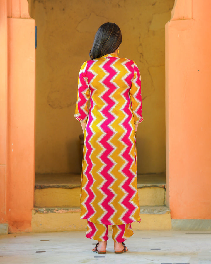 Pink And Mustard Zigzag Kurta Set