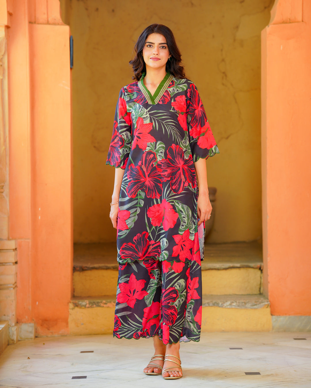 Black Tropical Floral Kurta Set