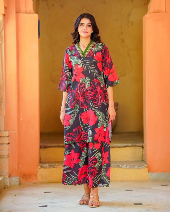Black Tropical Floral Kurta Set