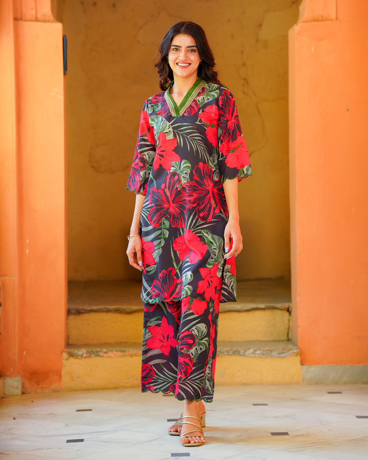 Black Tropical Floral Kurta Set