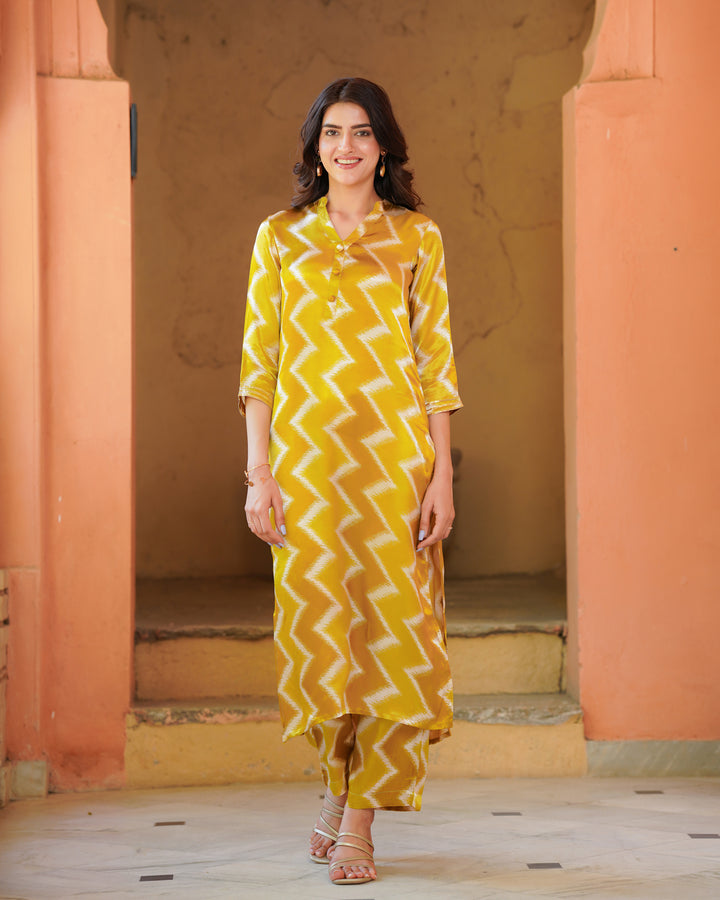 Mustard and White Zigzag Kurta Set