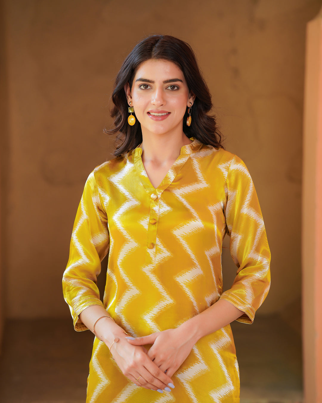 Mustard and White Zigzag Kurta Set