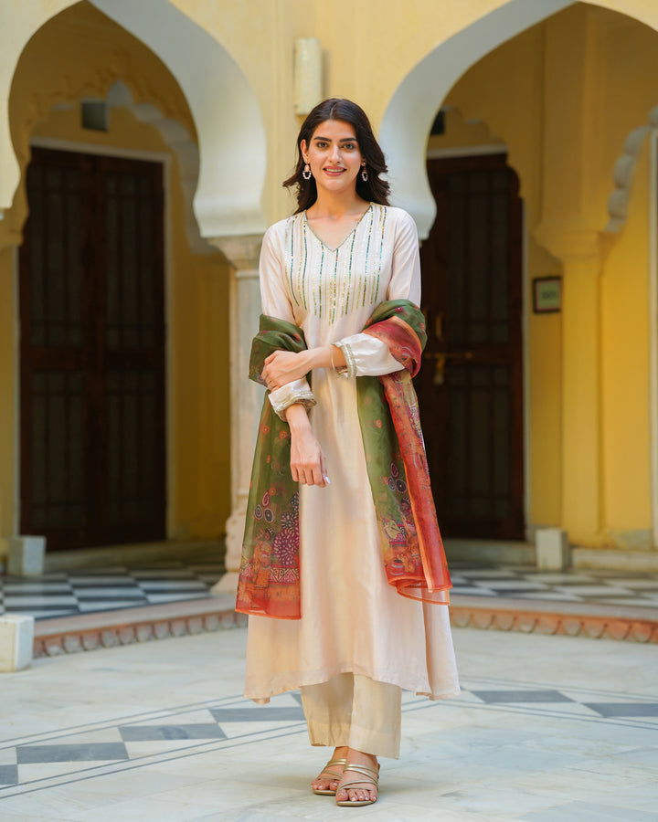Solid Beige Chanderi Suit Set