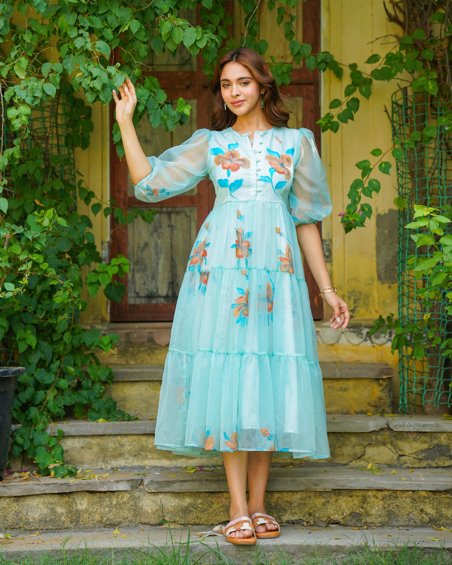 Turquoise Floral handpainted Dress Ambraee Turquoise Floral handpainted Dress Ambraee