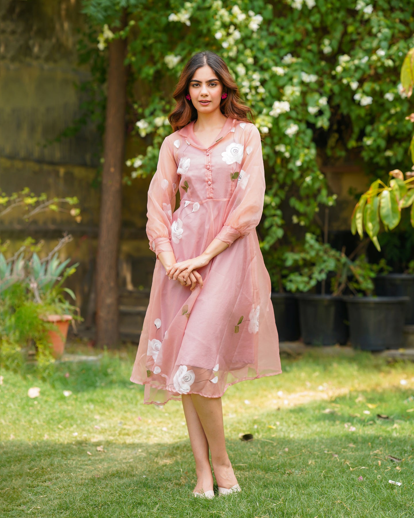 Ambraee Rose Pink Handpainted Organza Dress for Women | Collar Neck 3/4  Sleeve Umbrella Dress
