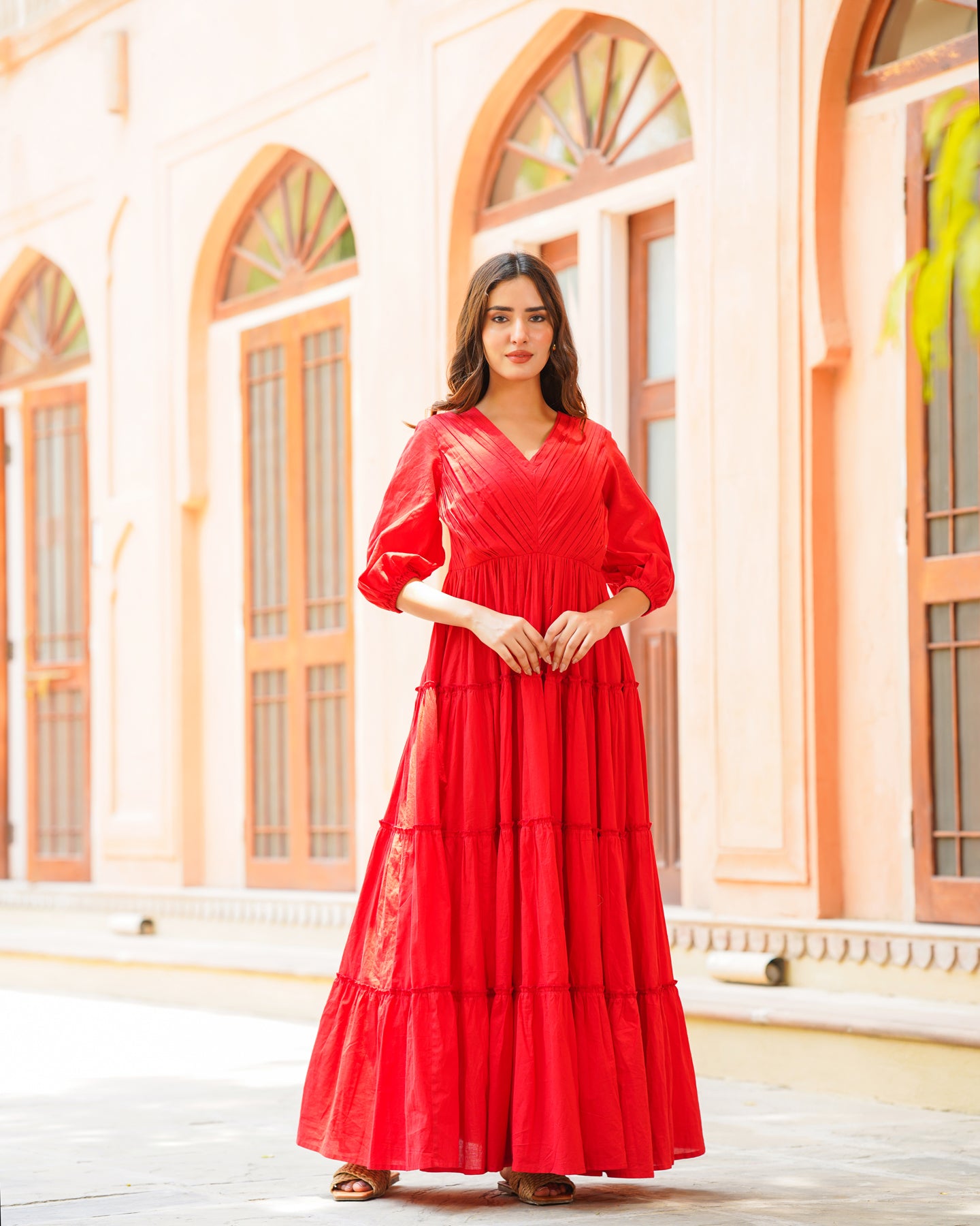 Fiery Red Solid & Tiered Dress – Ambraee Fiery Red Solid & Tiered Dress – Ambraee