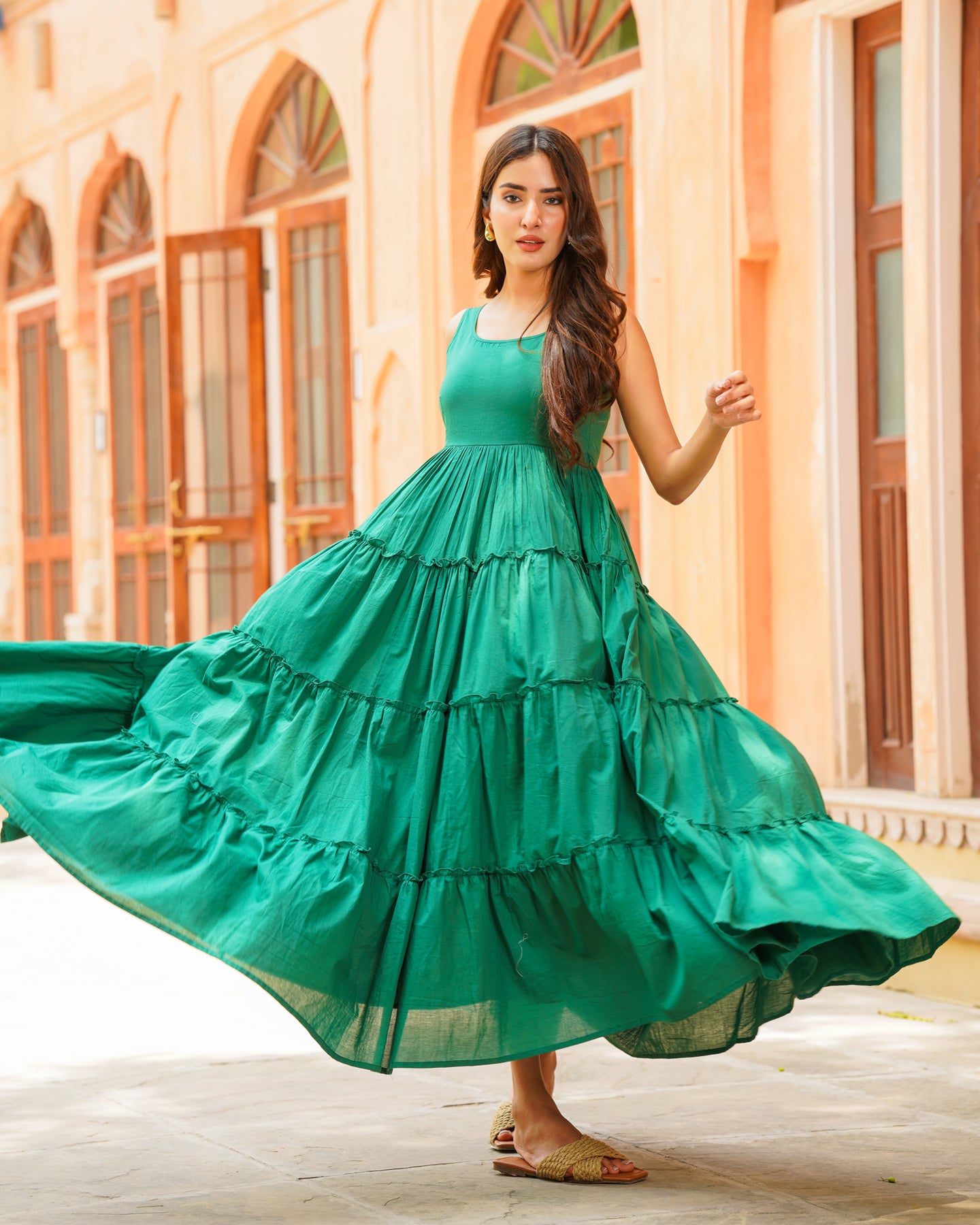Emerald Green Tiered Maxi Dress Ambraee Emerald Green Tiered Maxi Dress Ambraee