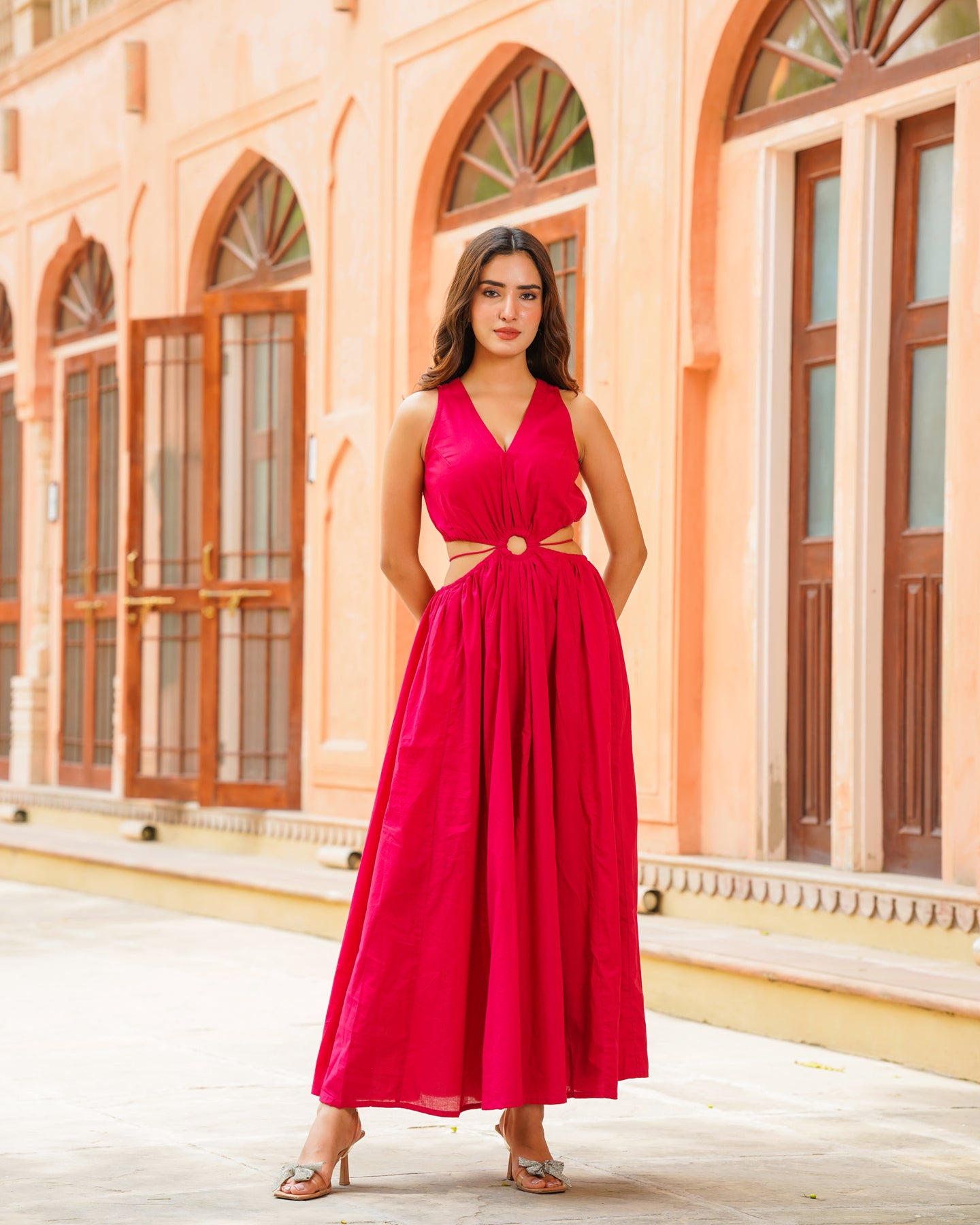 Ambraee Red Cut-out Cotton Maxi Dress for Women | V-Neck Sleeveless Gathered Dress | Bold Casual Long Dress Women Ambraee Red Cut-out Cotton Maxi Dress for Women | V-Neck Sleeveless Gathered Dress | Bold Casual Long Dress Women