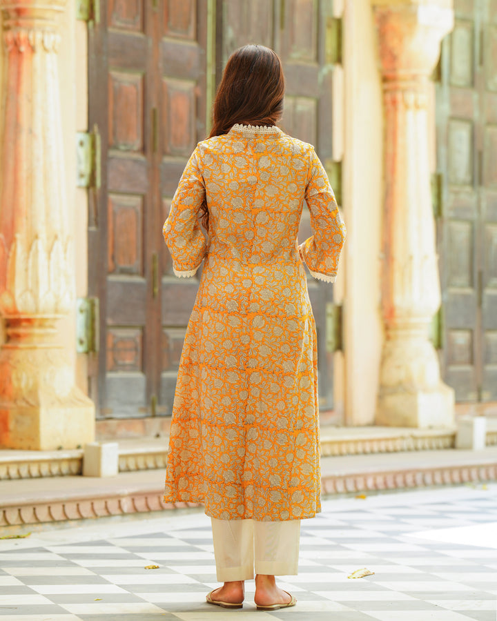 Handblock Printed Yellow Kurta Set
