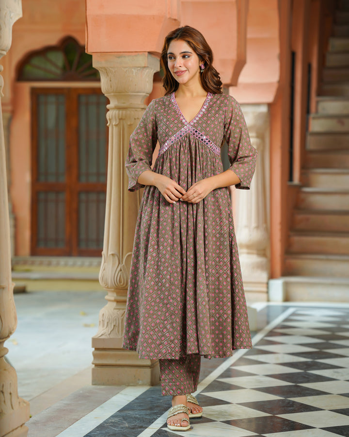 Brown Handblock Printed Kurta Set