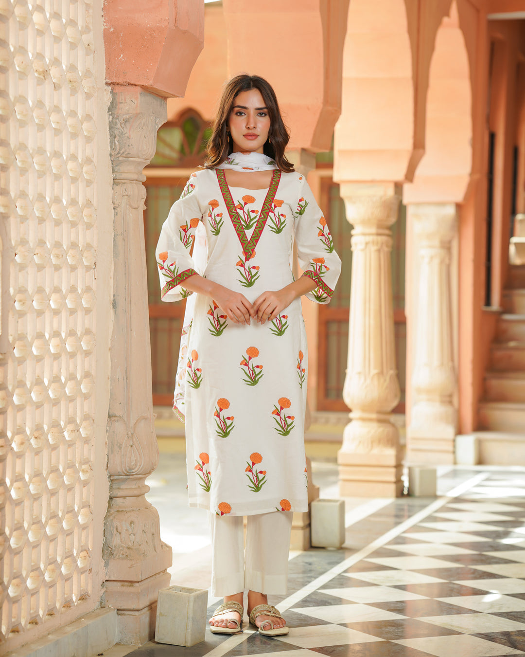 Handblock Printed White Suit Set