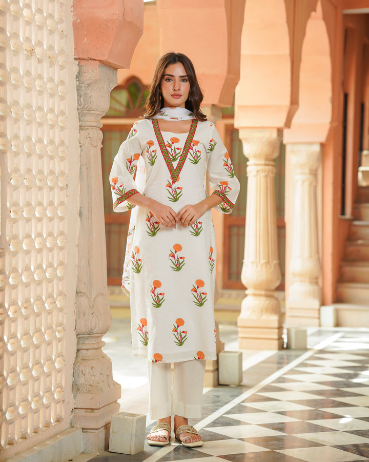 Handblock Printed White Suit Set