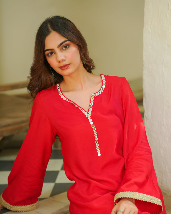 Red Kalmkari Embroidered Suit Set