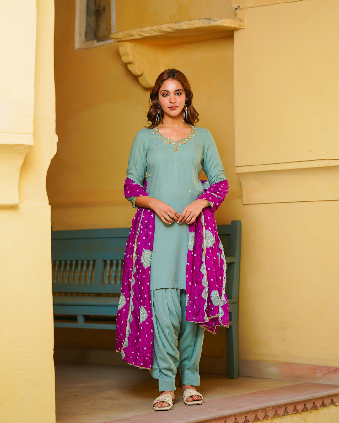 Turquoise Embroidered Suit Set