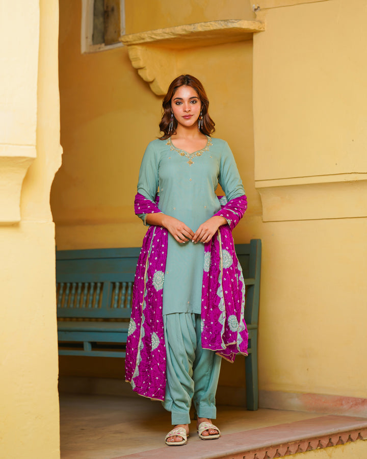 Turquoise Embroidered Suit Set