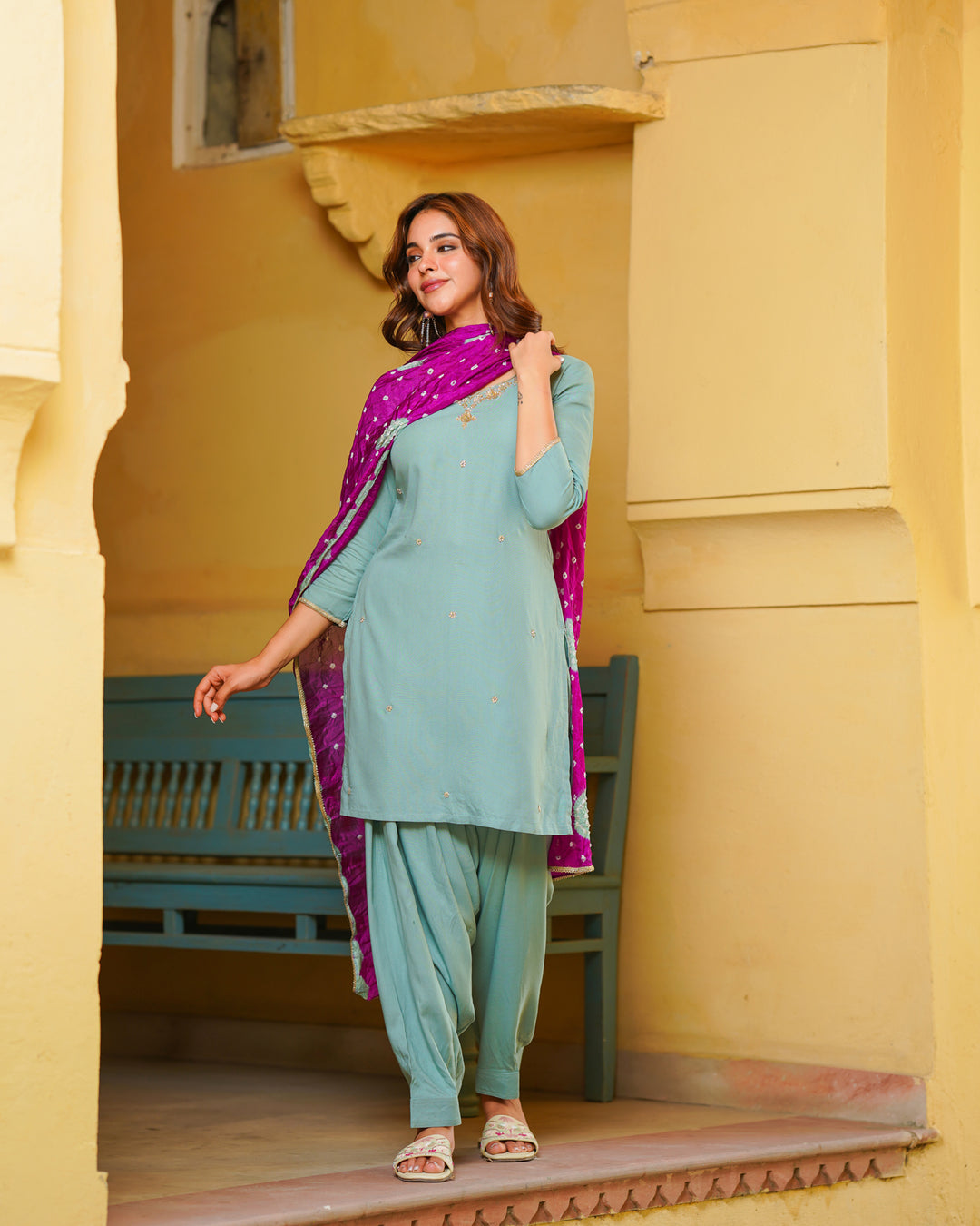 Turquoise Embroidered Suit Set