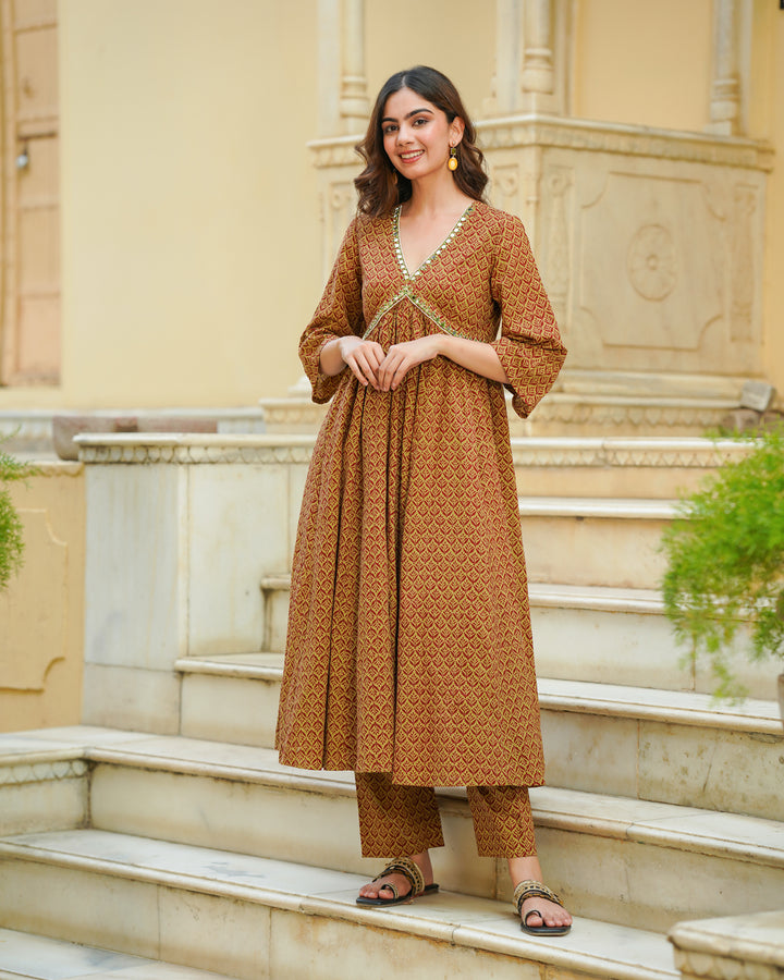 Maroon Handblock Printed Kurta Set