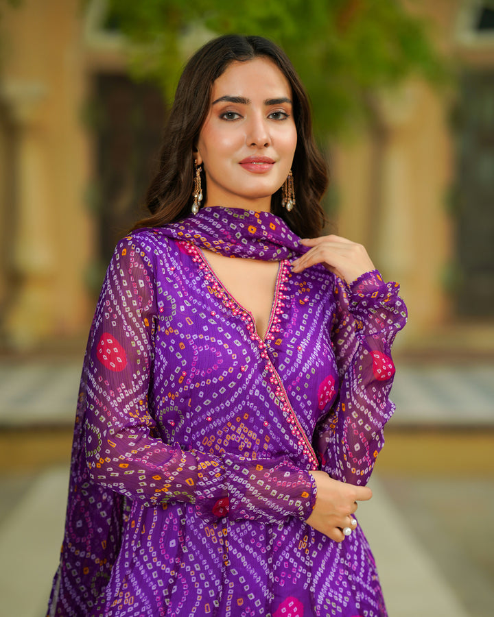 Purple Bandhej Chiffon Suit Set
