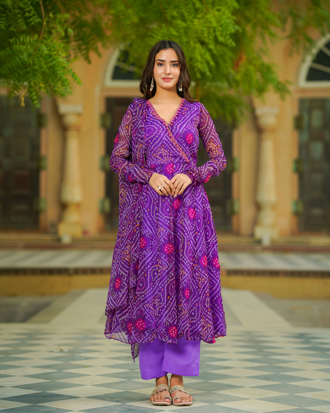 Purple Bandhej Chiffon Suit Set
