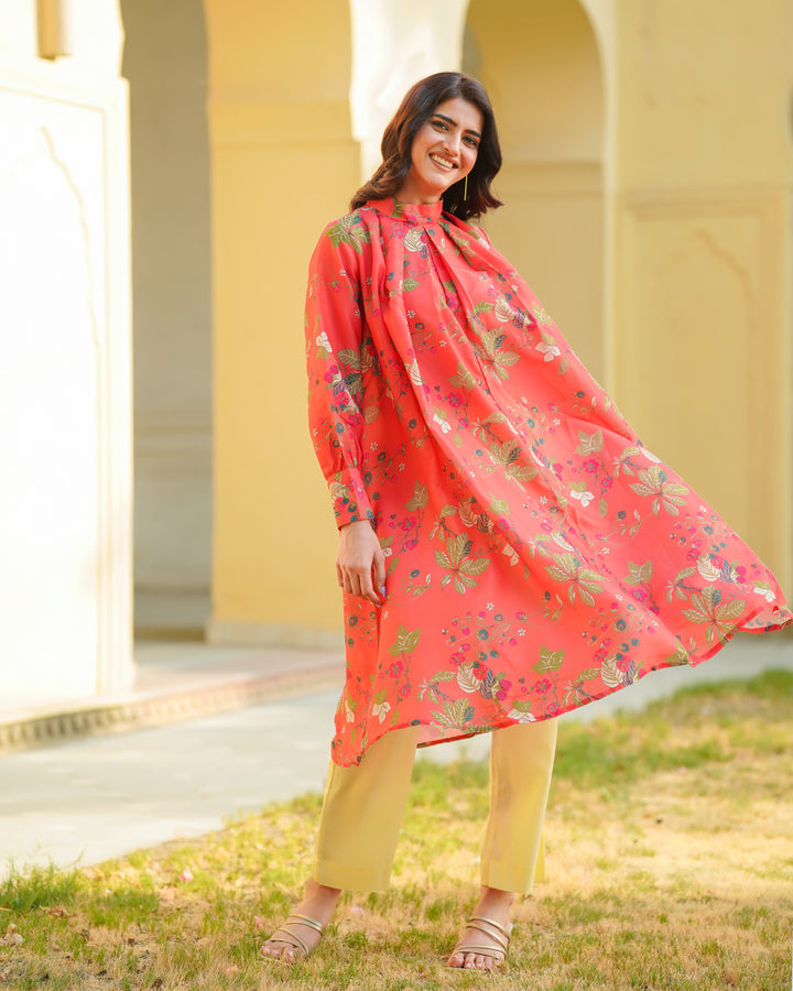 Coral Red Printed Kurta Set