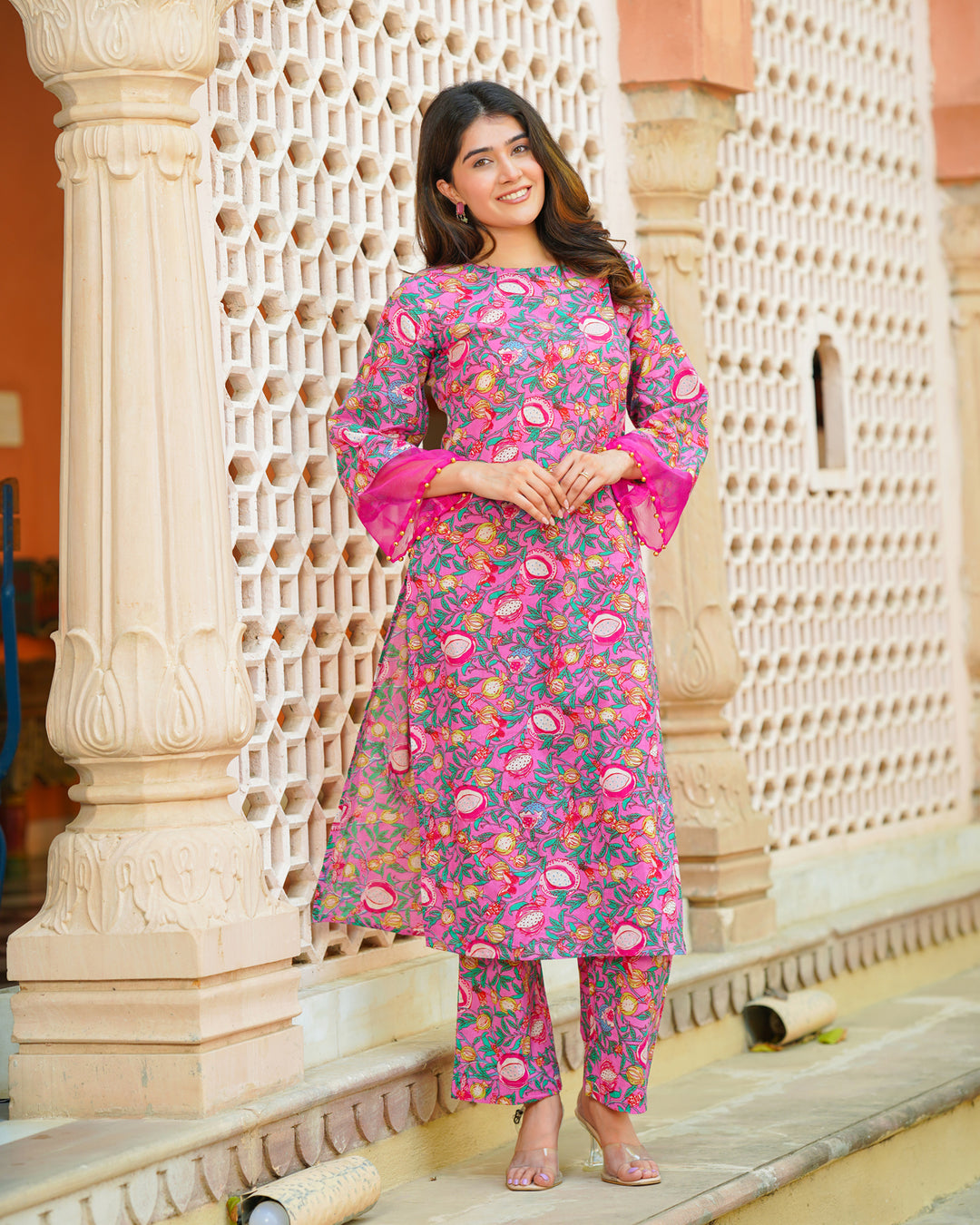 Pink & Green Block Print Kurta Set