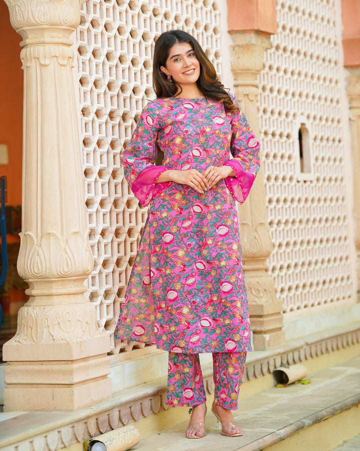 Pink & Green Block Print Kurta Set