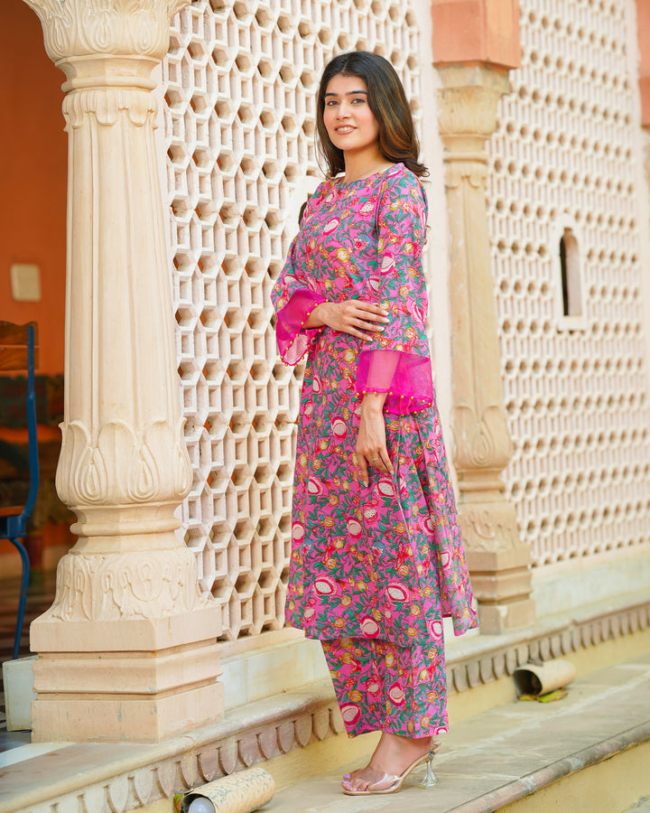 Pink & Green Block Print Kurta Set