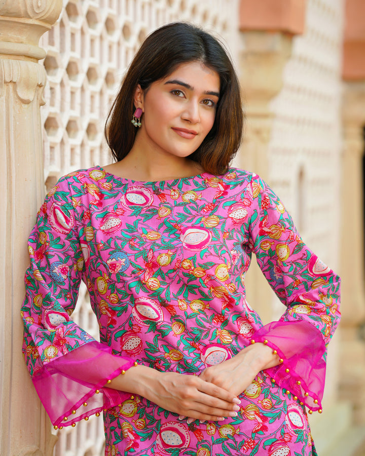 Pink & Green Block Print Kurta Set