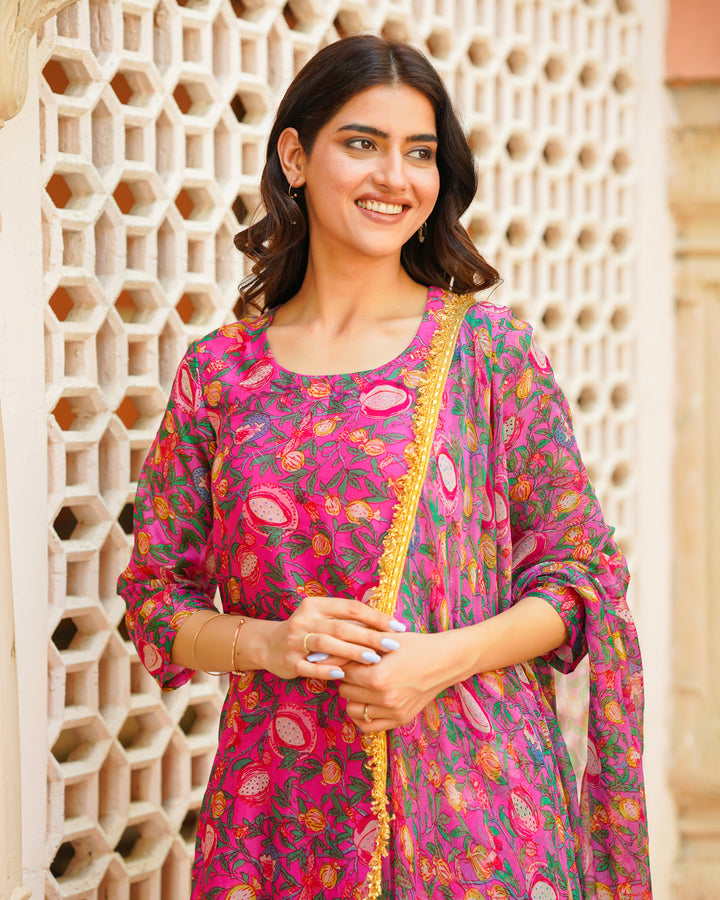 Pink Floral Handblock Suit set