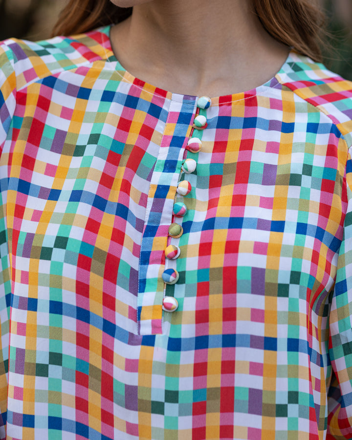 White Multi-hued Check Top