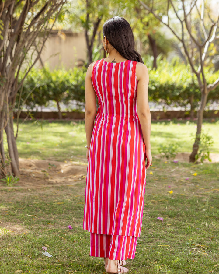 Red Bold Striped Kurta Set