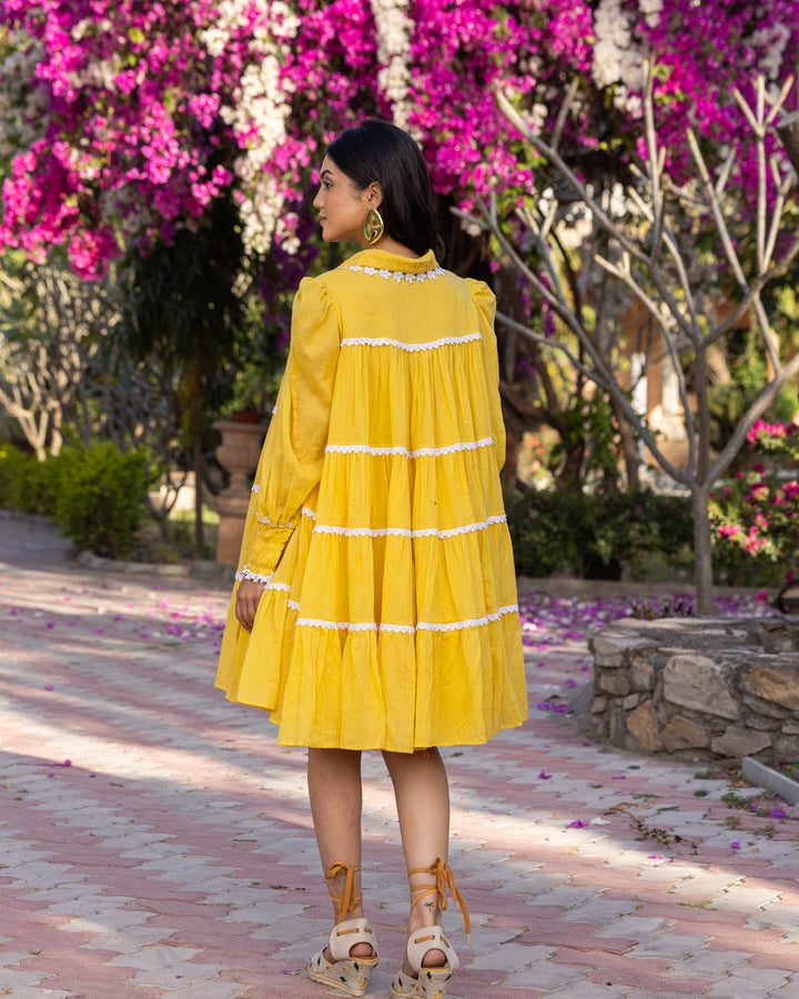 Yellow Lace & Tiered Shirt Dress