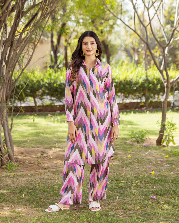 Pink Contrasting Chevron Co-ord Set
