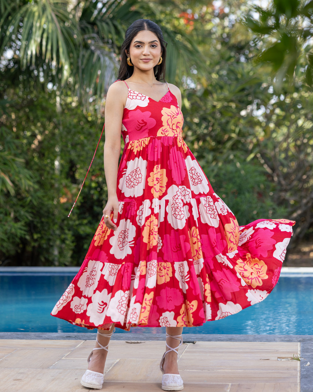 Red Animated Floret Tiered Dress