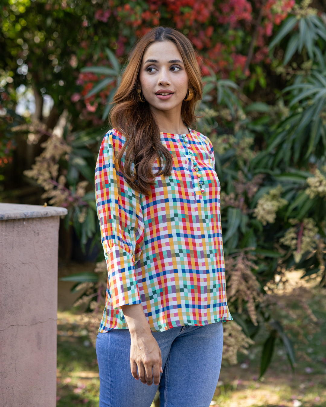 White Multi-hued Check Top