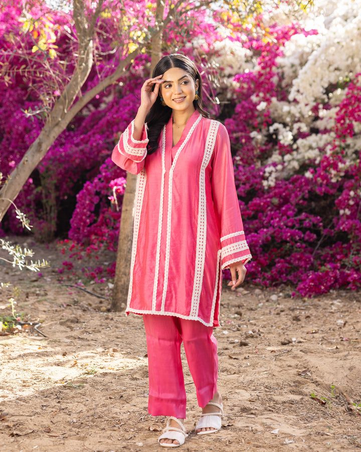 Pink Lace Kurta Set