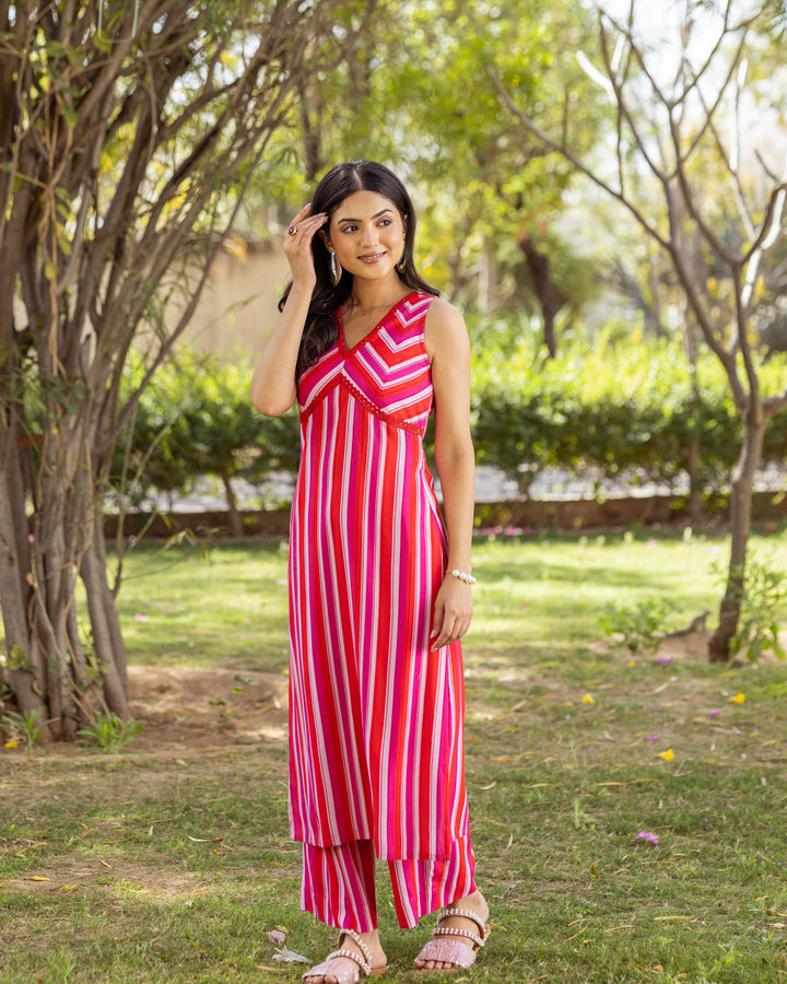 Red Bold Striped Kurta Set