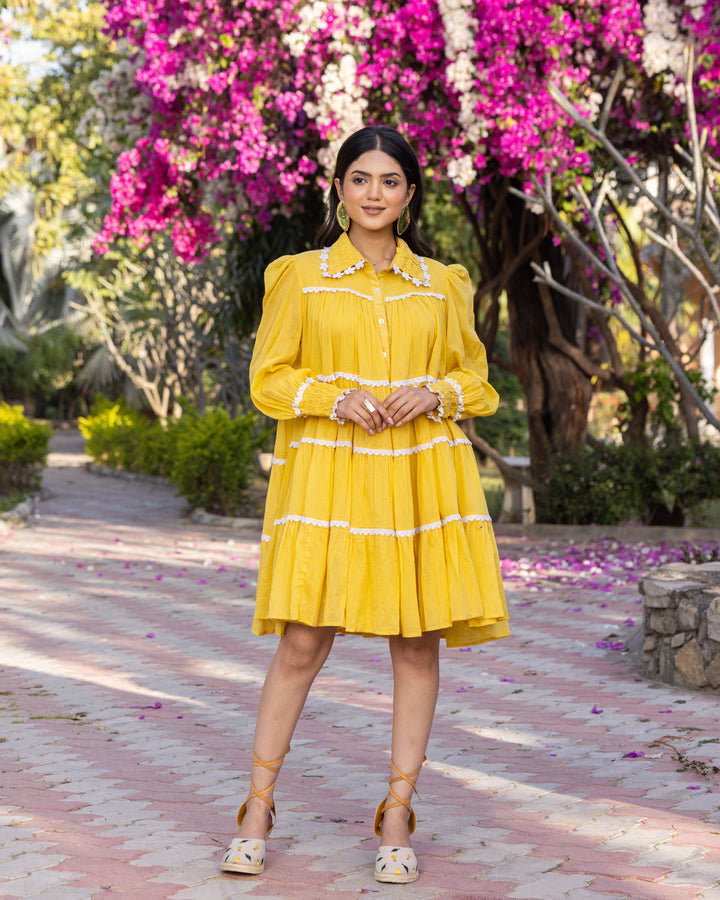 Yellow Lace & Tiered Shirt Dress