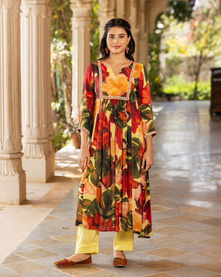 Yellow Aquarelle Floral Suit Set