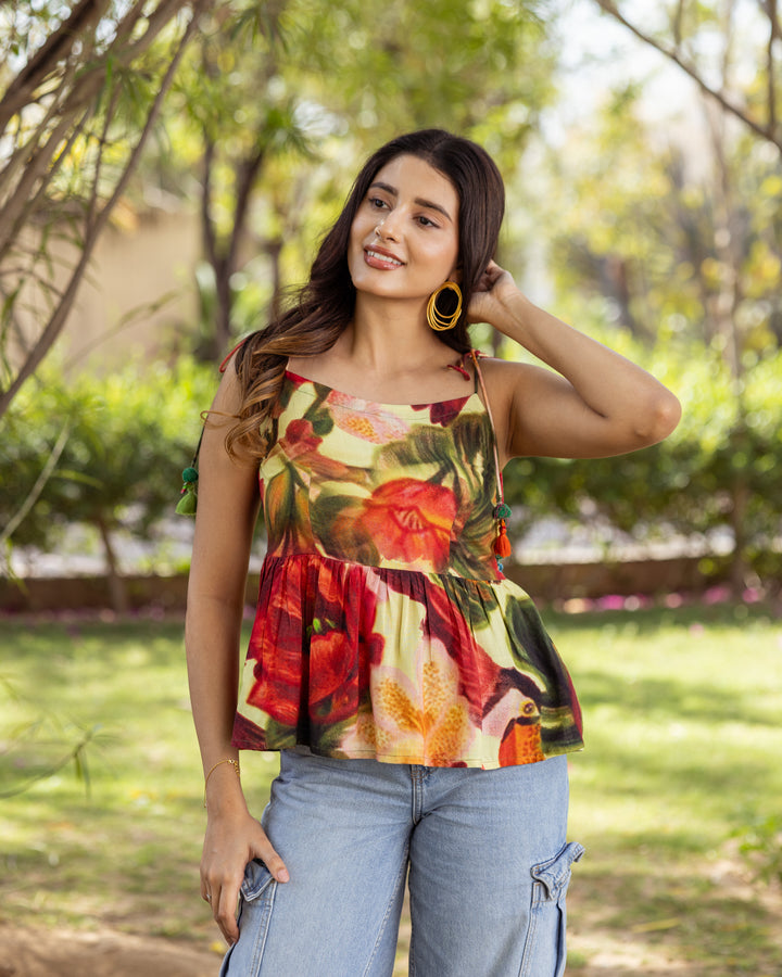 Yellow Aquarelle Floral Peplum Top