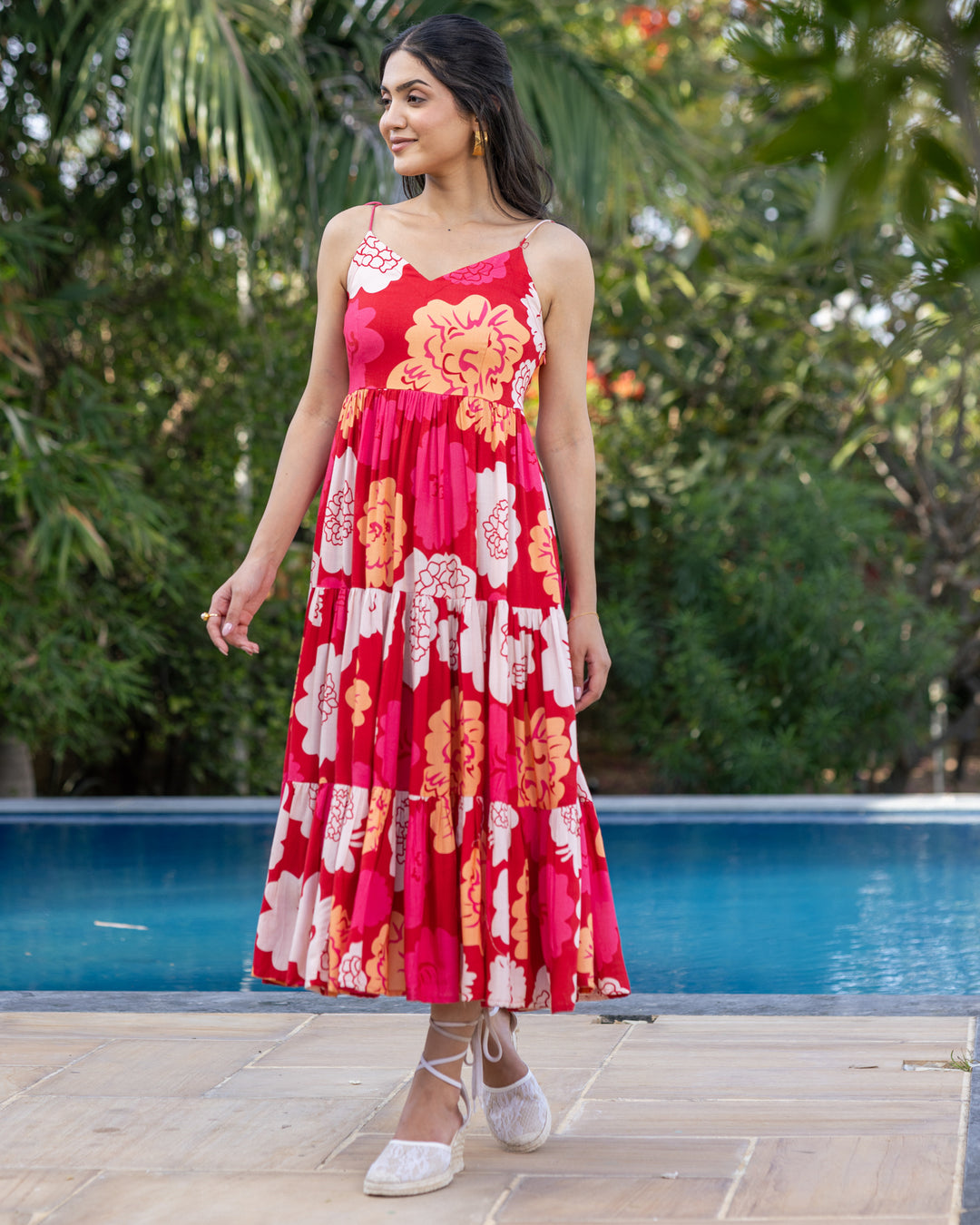 Red Animated Floret Tiered Dress