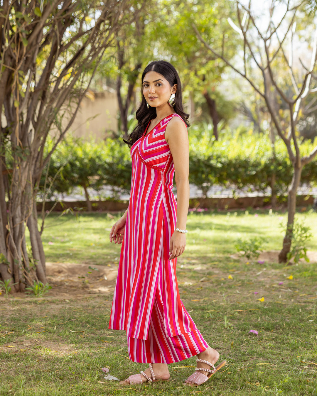 Red Bold Striped Kurta Set